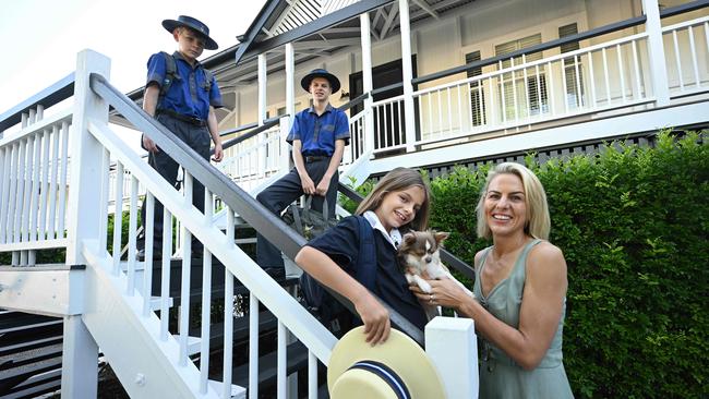 Susie White with daughter Camilla, 9, and sons Harvey, 14, and George, 12, is hoping to sell their former home on the Sunshine Coast. Picture: Lyndon Mechielsen