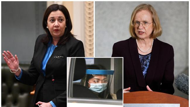 Queensland Premier Annastacia Palaszczuk. left, and Chief Health Officer Dr Jeanette Young, right. came under fire for the heartbreaking decision to only let Sarah Caisip, inset, view her father’s body alone after his funeral. Picture: News Corp