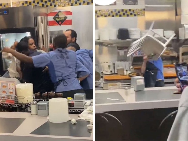 Insane footage of brawl at Waffle House restaurant. Picture: Twitter/Wallstreet_Ray