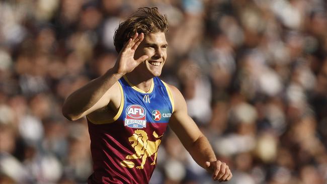 Deven Robertson celebrates a goal in the grand final. Picture: Daniel Pockett/AFL Photos/via Getty Images