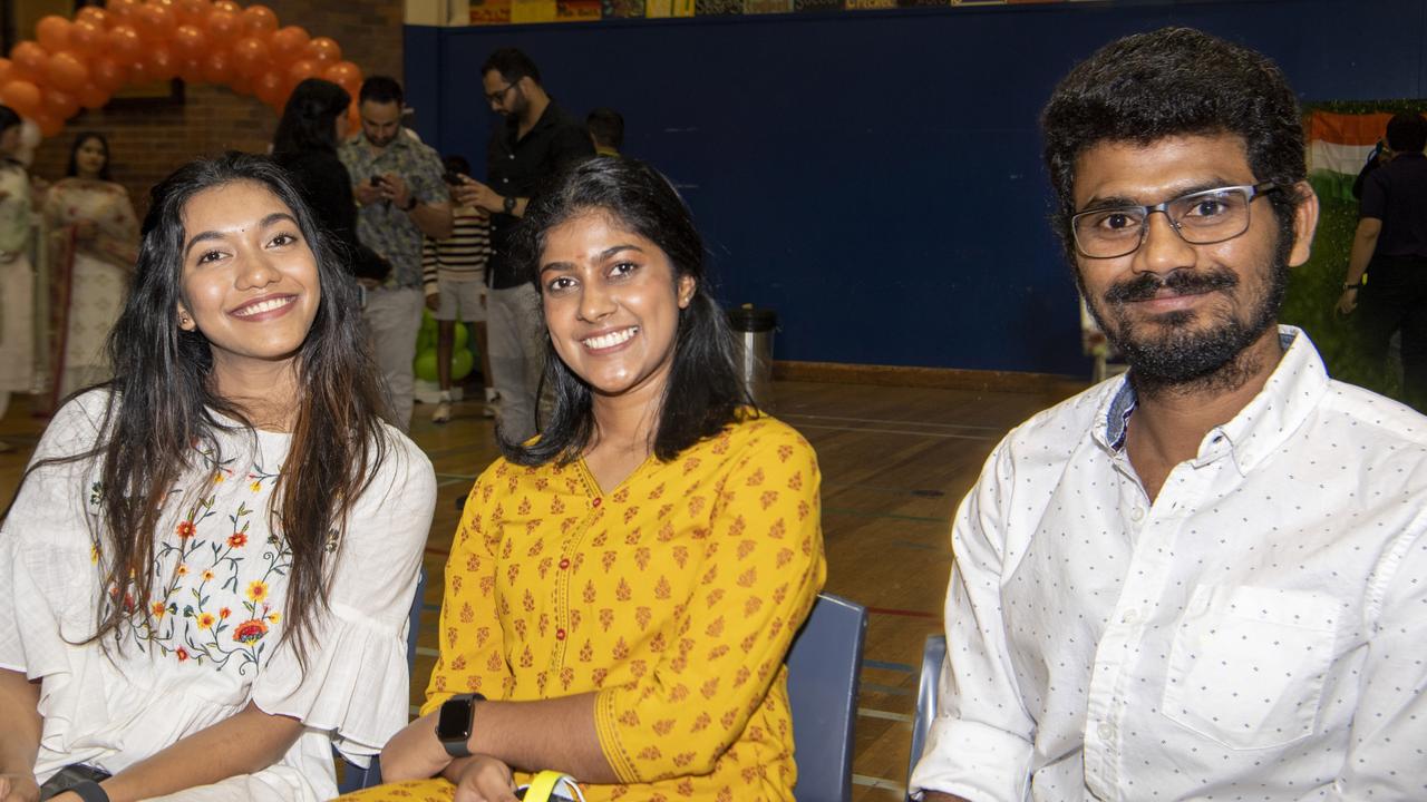 (from left) Mithu Varghese, Minna Jelson and Naveen Bhukya at the Indian Independence Day celebrations. Picture: Nev Madsen.