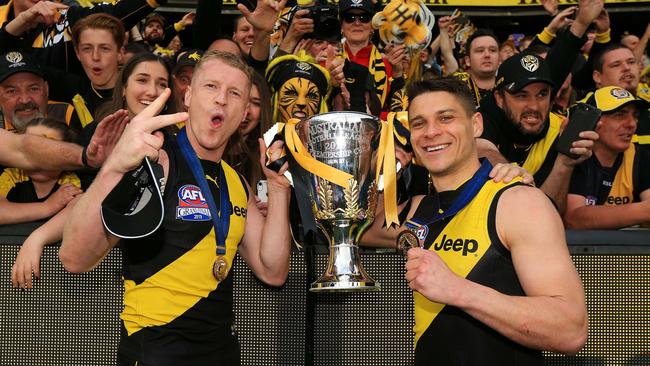 Josh Caddy and Dion Prestia after the 2019 Grand Final. Picture: Mark Stewart