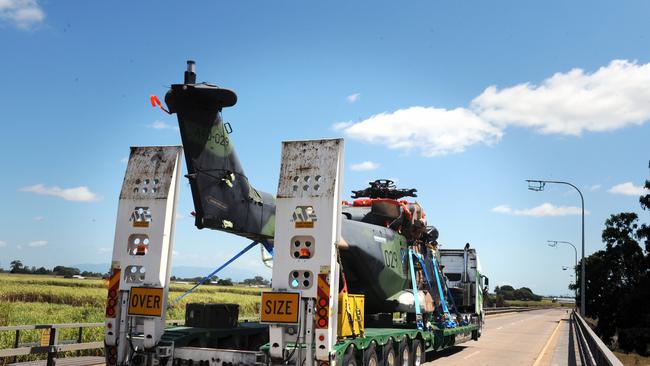 One of the MHR-90 Taipan helicopter pictures on the back of a truck in Queensland. Picture: Bryan Lynch