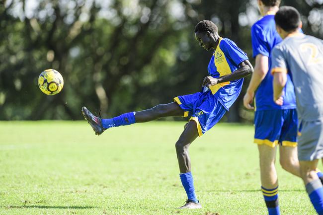 Emmanuel Geu of TGS against Churchie in Round 4 GPS First XI football competition at Grammar, Saturday, May 17, 2025. Picture: Kevin Farmer