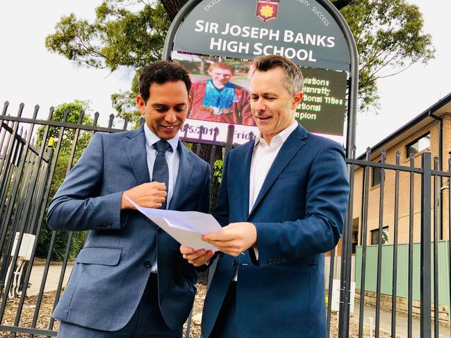 Labor candidate for Banks Chris Gambian with Blaxland federal Labor MP Jason Clare announcing a funding promise for Sir Joseph Banks High School, Revesby.