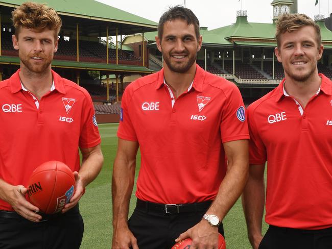 (L-R) Sydney Swans' Luke Parker, Josh Kennedy and Dane Rampe are announced as co-captains at the Sydney Cricket Ground in Sydney, Friday, December 14, 2018. (AAP Image/Dean Lewins) NO ARCHIVING