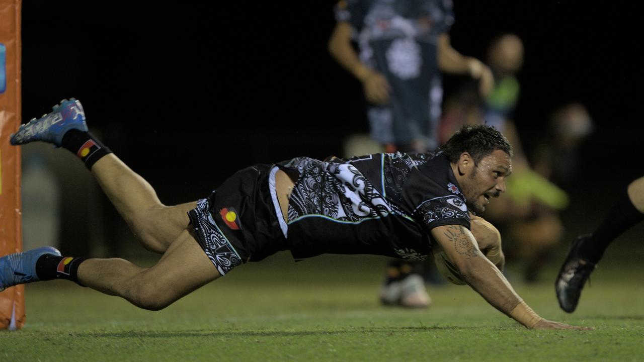 Dustin Briscoe scores a try for the Indigenous All Stars in the 2023 Deadly Cup Carnival men’s match. Picture: Pema Tamang Pakhrin