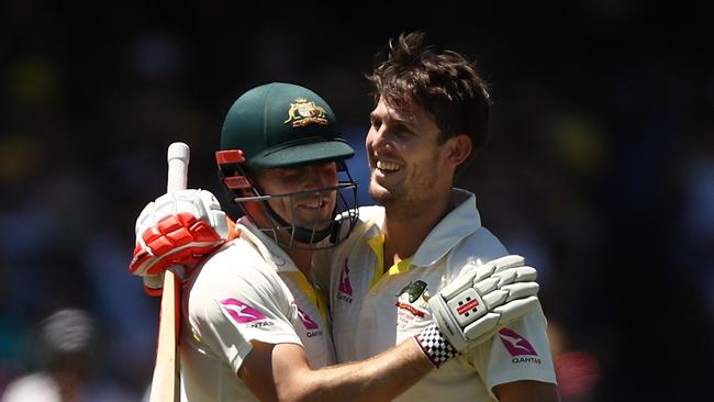 The Marsh brothers embrace after Mitch’s second Test century.