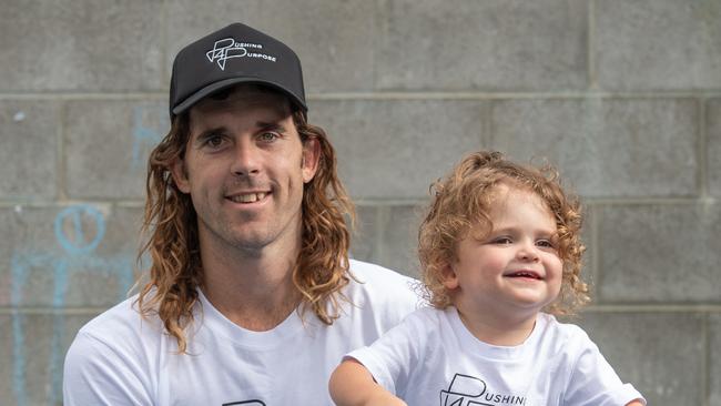 Drysdale dad Cam Young is running a marathon while pushing his son Iggy with cerebral palsy. Picture: Brad Fleet