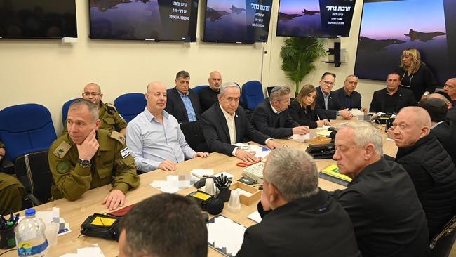 Israel's Prime Minister Benjamin Netanyahu (centre) during a war cabinet meeting at the Kirya in Tel Aviv at the weekend. Picture: Israeli Prime Minister Office / AFP