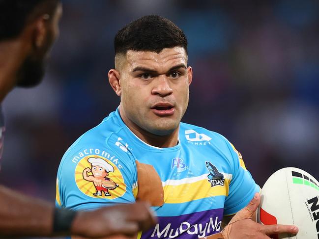 GOLD COAST, AUSTRALIA - JULY 30: David Fifita of the Titans runs the ball during the round 22 NRL match between Gold Coast Titans and North Queensland Cowboys at Cbus Super Stadium on July 30, 2023 in Gold Coast, Australia. (Photo by Chris Hyde/Getty Images)