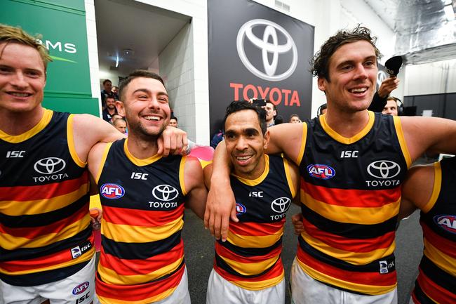 Adelaide Crows players sing the club song after beating Port Adelaide Power in Showdown 46 at Adelaide Oval. Picture: Daniel Kalisz/Getty