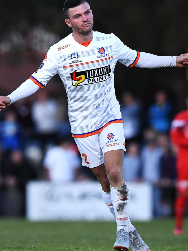 Andrew Thompson celebrates scoring Lions FC’s goal. Picture: Mark Brake/Getty Images