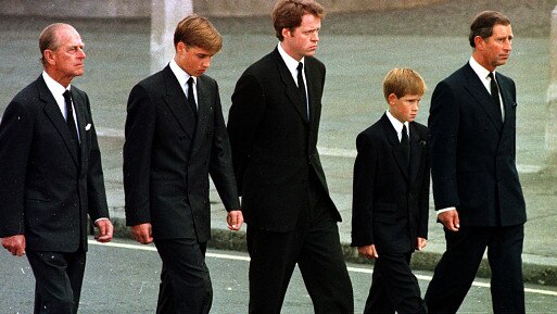 The Prince of Wales, Prince William, Prince Harry, Earl Althorp and Duke of Edinburgh walk behind Diana’s funeral cortege. Picture: Getty Images.