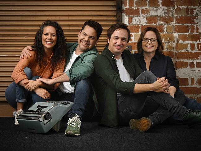 6/3/2024: Love Stories actors (L-R) Michala Banas and Jason Klarwein with author Trent Dalton,and wife Fiona Franzmann , and the now famous typewriter. Michala and Jason assume the roles of Trent and Fiona for the upcoming Queensland Performing Arts Centre and Brisbane Festival stage adaptation of Trent DaltonÃ¢â¬â¢s Love Stories. It will have its world premiere in the Playhouse from 10 to 29 September as part of the 2024 Festival. pic Lyndon Mechielsen