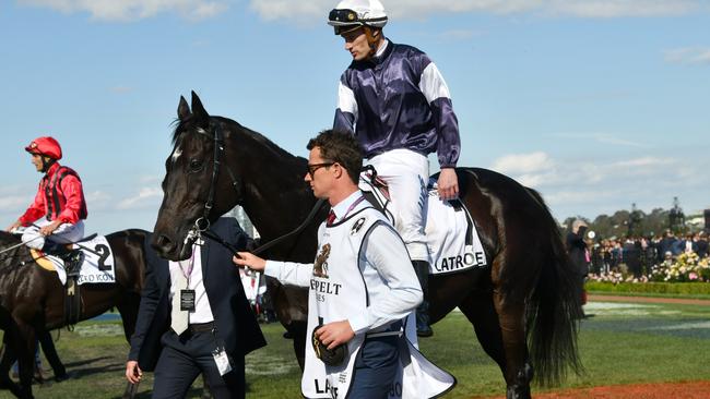 Mark Zahra aboard Latrobe after finishing runner up in the Mackinnon Stakes. Pic: Getty Images