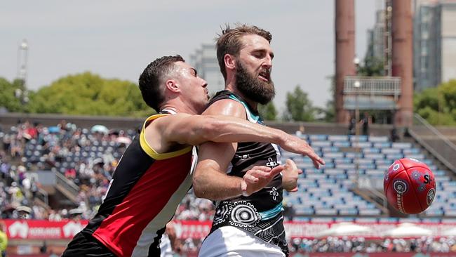 Justin Westhoff of the Power is tackled by Jade Gresham of the Saints. Picture: Michael Willson/AFL Photos