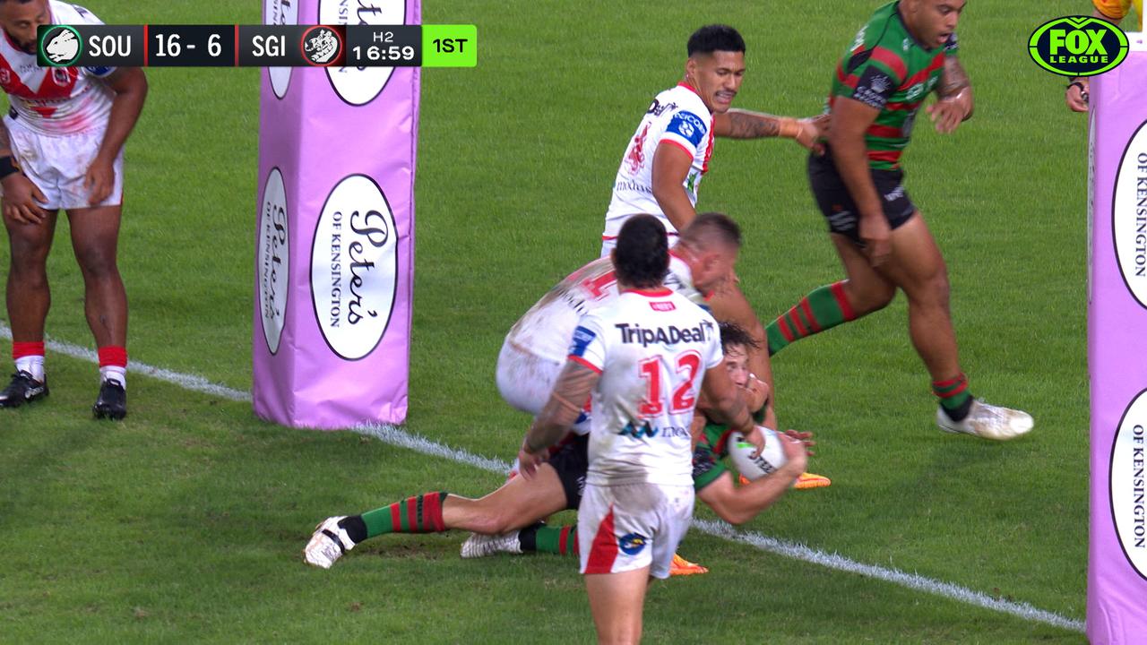 Cameron Murray is denied a try against the Dragons.