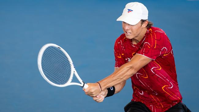 Corban Crowther (NZL) in action during the second round of qualifying Darwin International Tour at the Darwin International Tennis Centre, Darwin. Picture: Pema Tamang Pakhrin