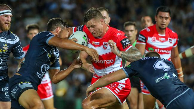 Tariq Sims worked hard for the Dragons but couldn’t come up with the matchwinning play. Picture: Getty Images