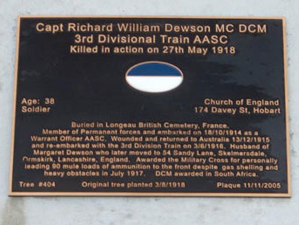 Captain Richard William Dewson is remembered at tree 404 on the Soldiers’ Memorial Avenue.