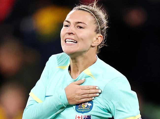 MELBOURNE, JULY 31, 2023: 2023 Fifa Womens World Cup - Australia V Canada. Steph Catley of the Matildas celebrates a goal during the match at Melbourne Rectangular Stadium. Picture: Mark Stewart