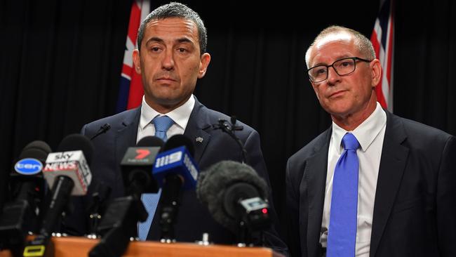 Energy Minister Tom Koutsantonis and Premier Jay Weatherill speak to the media after rolling blackouts cut power to 90,000 customers on Wednesday night during very hot weather. Picture: Tom Huntley