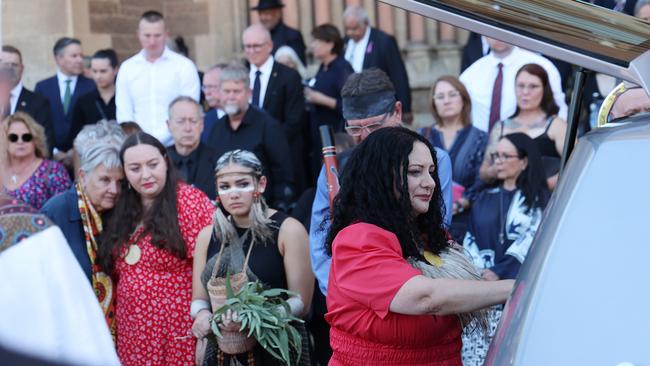 Friends and family pay their respects outside after the Dr Lowitja O‘Donoghue AC CBE DSG funeral service at St Peters Cathedral in Adelaide. Picture: NCA NewsWire / David Mariuz