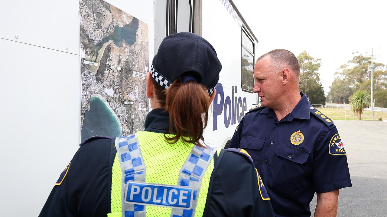 Then-Detective Steven Burk at the command centre set up at the Primrose Sands RSL club in 2016. Picture: SAM ROSEWARNE