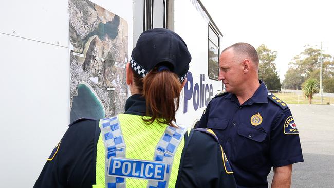 Then-Detective Steven Burk at the command centre set up at the Primrose Sands RSL club in 2016. Picture: SAM ROSEWARNE