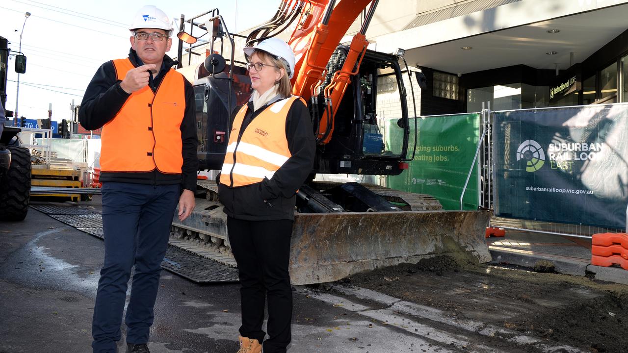 Premier Daniel Andrews and Jacinta Allan at the Clayton rail loop construction site. Picture: Andrew Henshaw