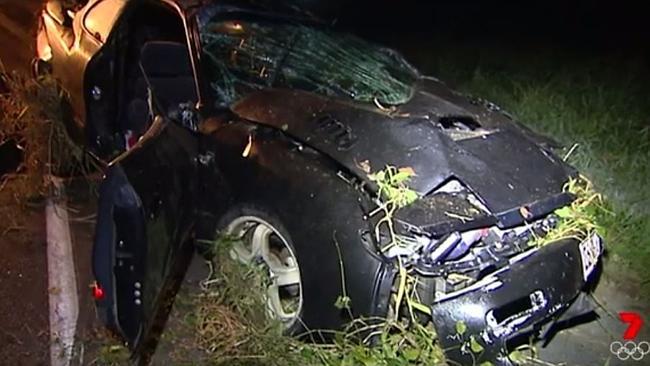 The car a man was allegedly driving when he fled police at Tallebudgera. Photo: Channel 7 News.