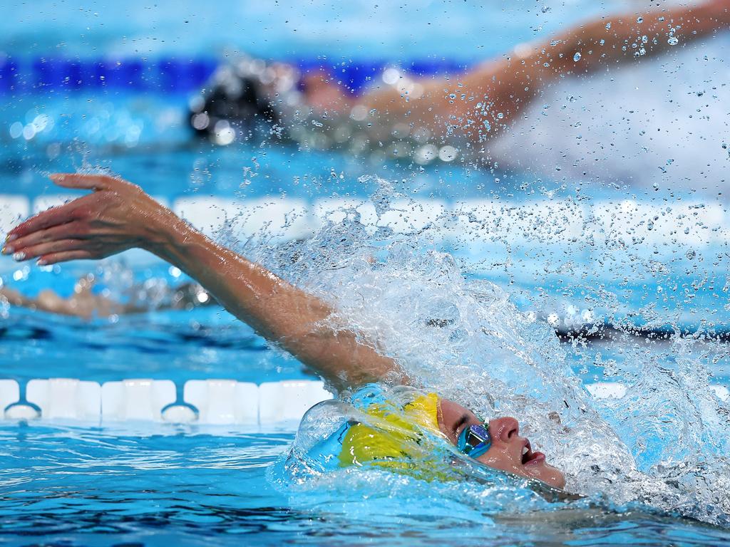 Kaylee McKeown in the zone during the nailbiting final of the women’s 100m backstroke. Picture: Maddie Meyer/Getty Images