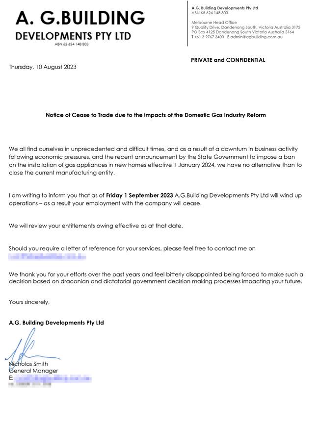 Letter from Illusion Log Fires’ manufacturing division A.G. Building Developments, notifying 45 staff that they would be made redundant as of September 1.