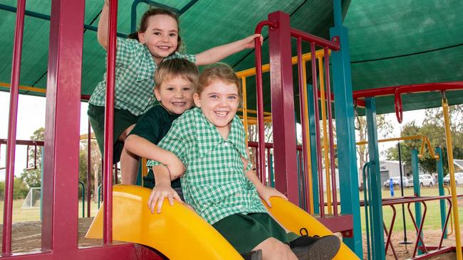 Preps (from left) Nell Skillington, Tommy Hughes and Zarah Daley at St Francis De Sales School, Clifton, February 20, 2023. Picture: Bev Lacey