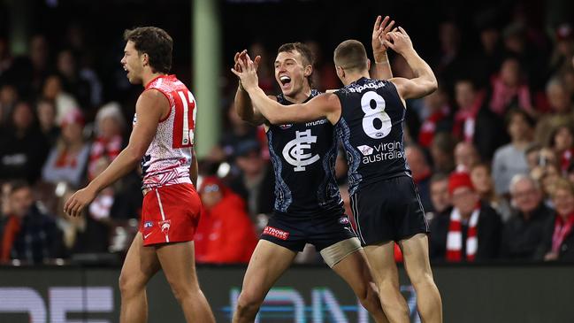 Patrick Cripps celebrates one of his three goals against the Swans last week. Picture: Cameron Spencer/Getty Images)