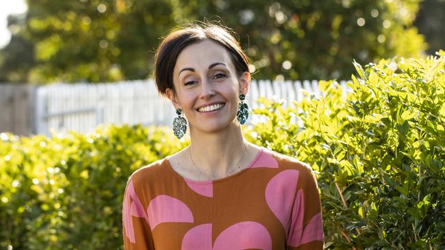 Sam Bladwell, now 38, never smoked but was diagnosed with Stage 4 lung cancer when she was pregnant with her second child, Cecilia. Picture: Mark Cranitch.