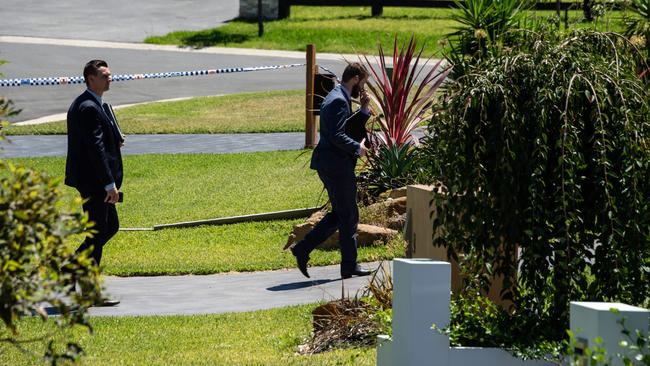 Detectives arrive at the Harrington Park home. Picture: Monique Harmer