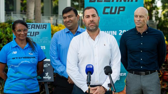 Nova Peris, Sport Minister Jinson Charls, Hockey Australia chief executive David Pryles and Hockey NT chief executive Jason Butcher announcing that Darwin will host the 2025 Oceania Cup in a return of international hockey to the NT. Picture: Pema Tamang Pakhrin