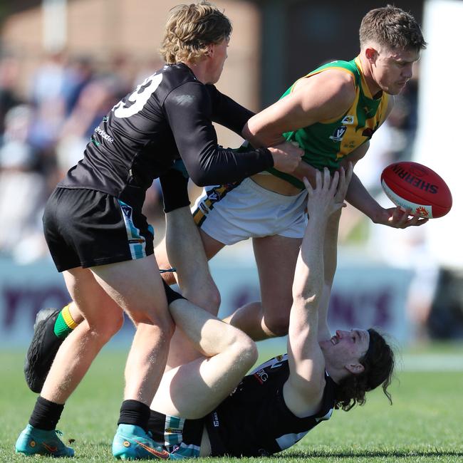 Aaron Heppell played his most recent match for Leongatha in the 2023 grand final win against Wonthaggi. Picture: Yuri Kouzmin