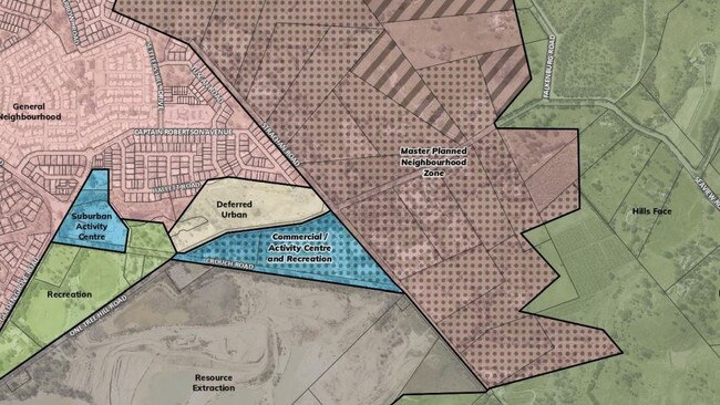 About 1500 new homes would be built in the area labelled ‘Master Planned Neighbourhood Zone’, with a planned commercial/retail section in the smaller blue section. Picture: Tea Tree Gully Council