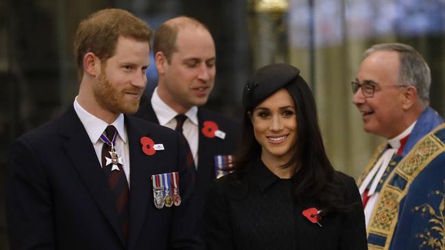 Britain's Prince William (rear), Prince Harry (left) and Meghan Markle arrive to attend a Service of Thanksgiving and Commemoration on Anzac Day at Westminster Abbey in London. Photo: AP