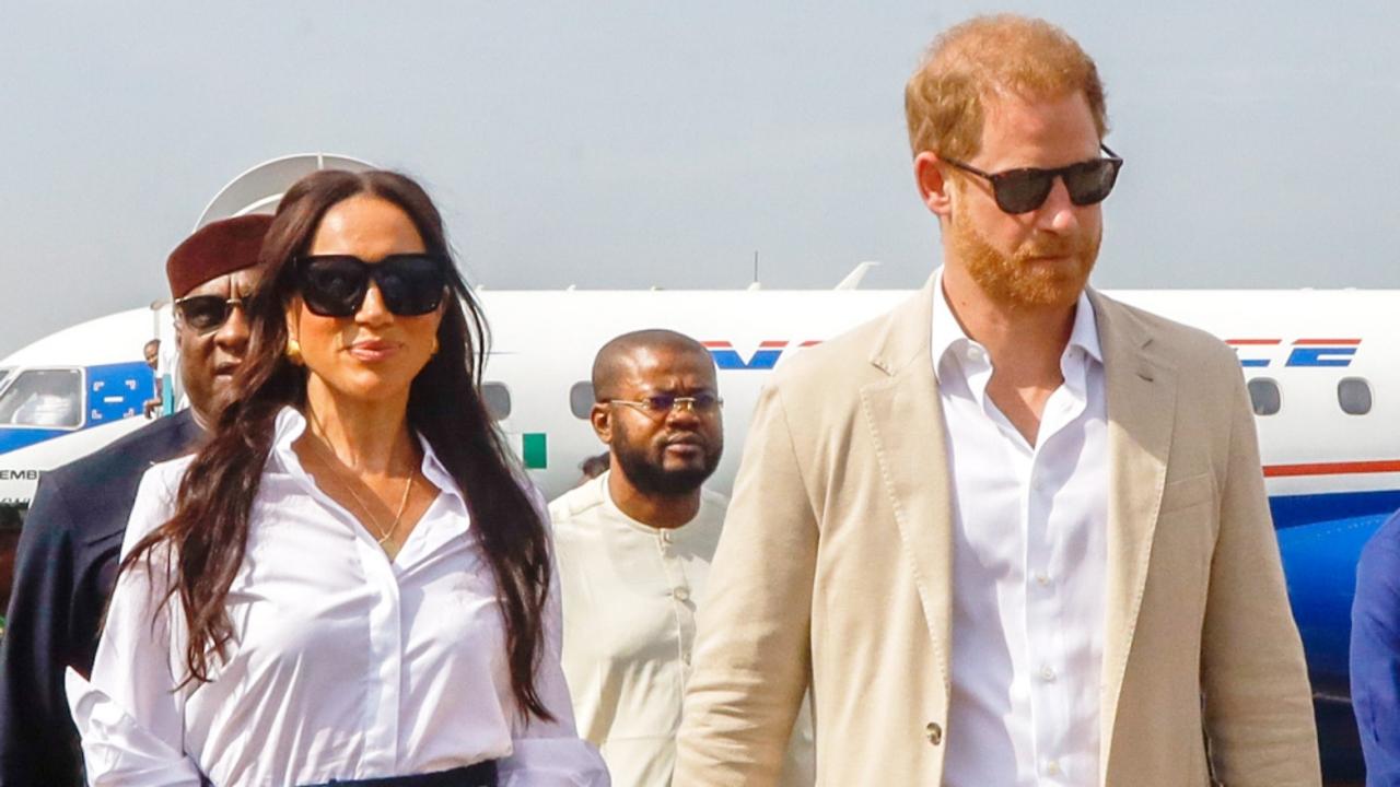 LAGOS, NIGERIA - MAY 12: (EDITORIAL USE ONLY) Prince Harry, Duke of Sussex and Meghan, Duchess of Sussex arrive at the Lagos airport for Official State Welcome on May 12, 2024 in Lagos, Nigeria. (Photo by Andrew Esiebo/Getty Images for The Archewell Foundation)