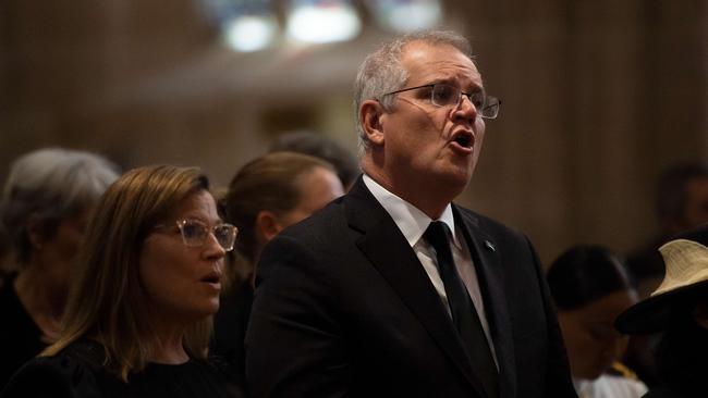 Prime Minister Scott Morrison and wife Jenny during a special prayer service to commemorate the death of Prince Philip earlier this year. Picture: NCA NewsWire/Bianca De Marchi - POOL via NewsWire