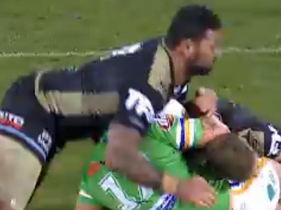 Cronulla's Andrew Fifita has been charged for this tackle against Canberra. Fox Sports