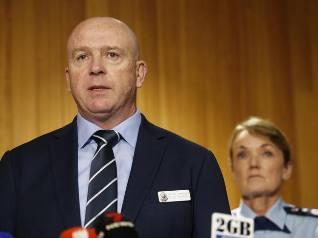 Assistant Commissioner Peter McKenna with NSW Police Commissioner Karen Webb addresses a press conference after an anti-Semitic act of malicious damage in Dover Heights. Picture: NewsWire/John Appleyard