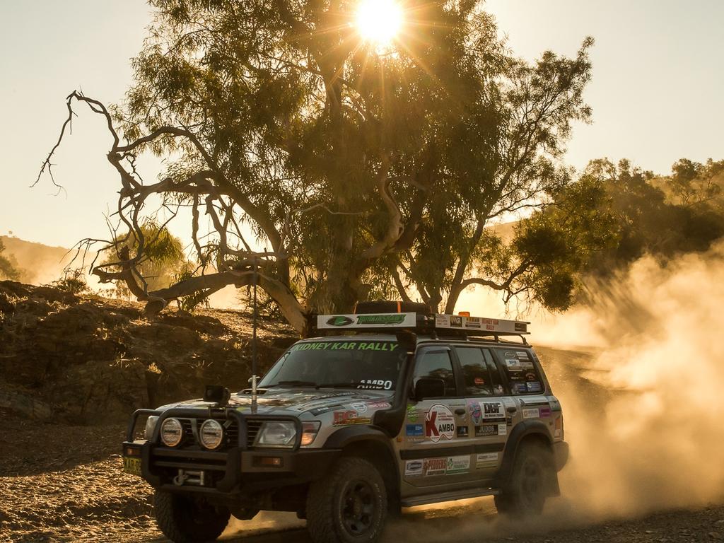 A Kidney Kar Rally car on the road for Kidney Health Australia.