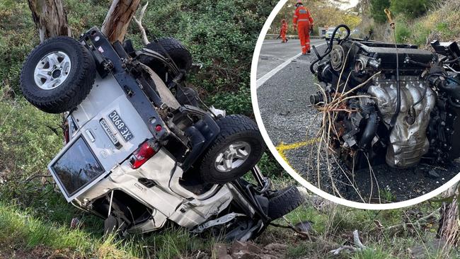 A LandCruiser and Holden Cruze have collided at Cut Hill resulting in the Landcruiser's engine to detach and car into a tree down an embankment. Picture: Gary Juleff