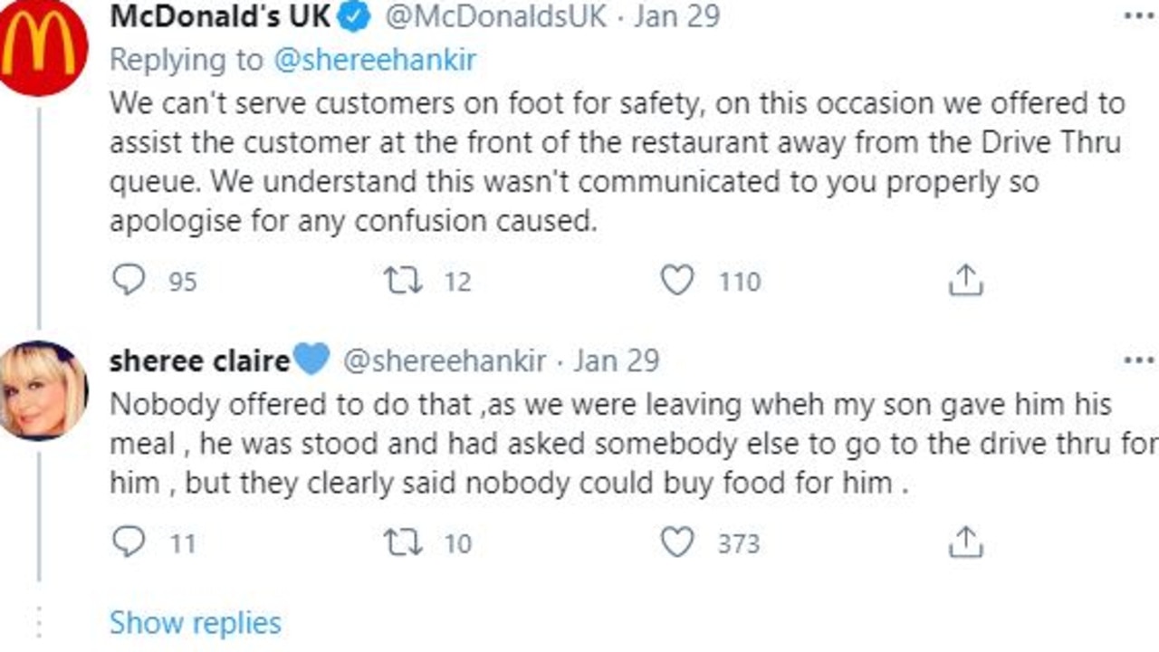 McDonald’s UK responded saying they offered to assist the customer at the front of the restaurant, but the pair had reportedly left. Picture: Twitter/shereehankir