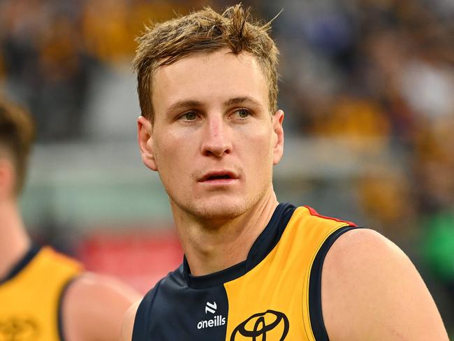 MELBOURNE, AUSTRALIA - JUNE 01: Jordan Dawson of the Crows reacts following the round 12 AFL match between Hawthorn Hawks and Adelaide Crows at Melbourne Cricket Ground, on June 01, 2024, in Melbourne, Australia. (Photo by Morgan Hancock/AFL Photos/via Getty Images)